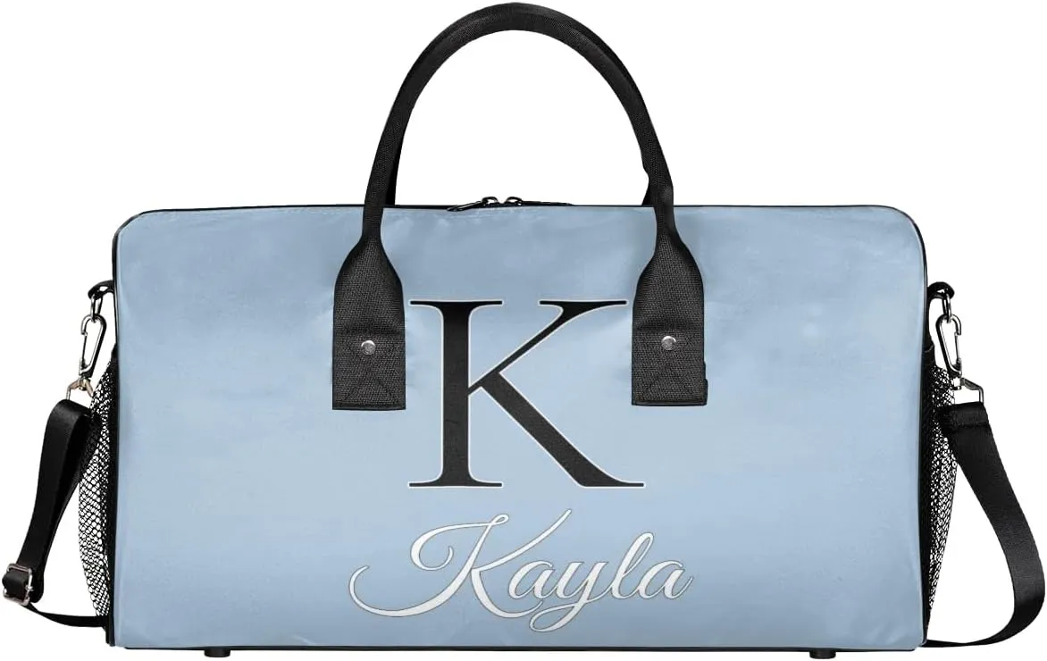 Custom Name Sport Duffel Bag, Personalized Initial Small Gym Bag, Lightweight Travel Duffle Bag Carry On Weekender Bag, Blue