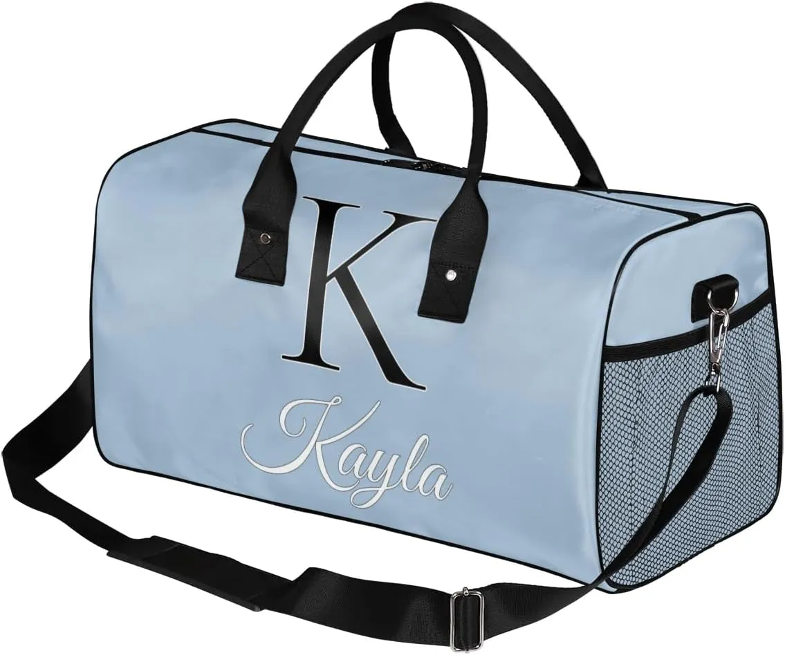 Custom Name Sport Duffel Bag, Personalized Initial Small Gym Bag, Lightweight Travel Duffle Bag Carry On Weekender Bag, Blue