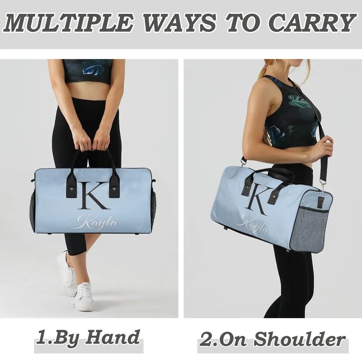 Custom Name Sport Duffel Bag, Personalized Initial Small Gym Bag, Lightweight Travel Duffle Bag Carry On Weekender Bag, Blue