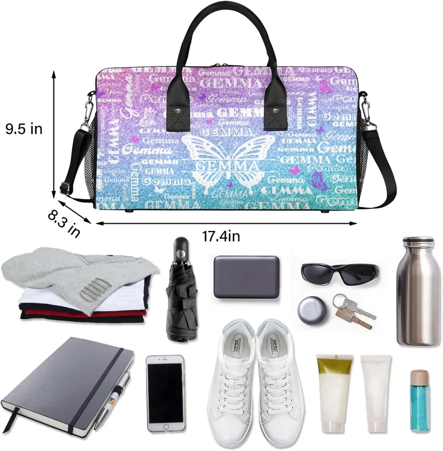 Custom Sport Duffel Bag with Name Butterfly Travel Overnight Bag for Women Men Waterproof Dance Ballet Bag Lightweight 17.4in, Gradient Blue