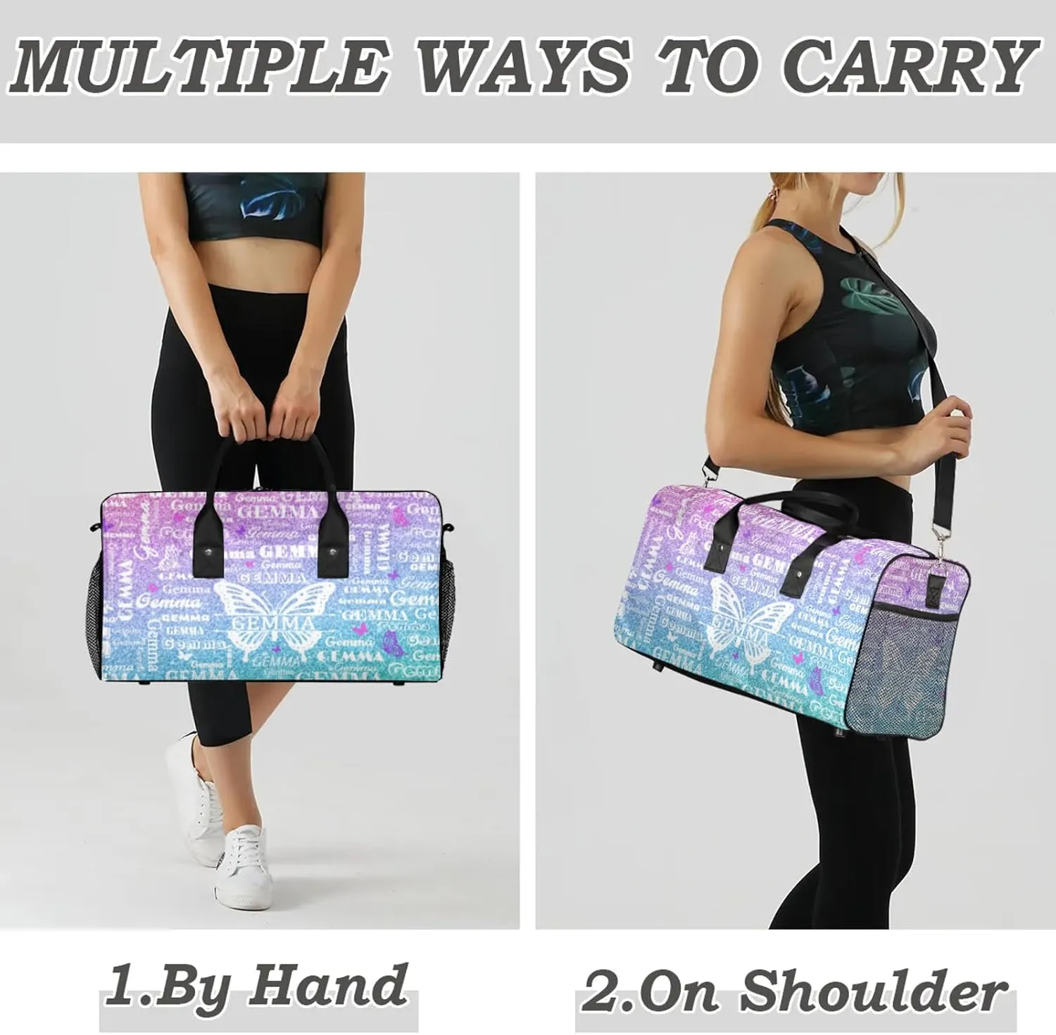 Custom Sport Duffel Bag with Name Butterfly Travel Overnight Bag for Women Men Waterproof Dance Ballet Bag Lightweight 17.4in, Gradient Blue