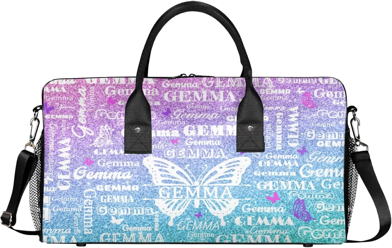 Custom Sport Duffel Bag with Name Butterfly Travel Overnight Bag for Women Men Waterproof Dance Ballet Bag Lightweight 17.4in, Gradient Blue
