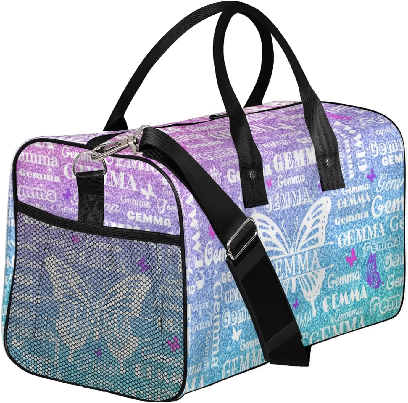 Custom Sport Duffel Bag with Name Butterfly Travel Overnight Bag for Women Men Waterproof Dance Ballet Bag Lightweight 17.4in, Gradient Blue