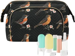Cute American Robin Birds Black Makeup Bag Essentials Make Up Bags For Women Cosmetic Bags For Purse for Travel Kit