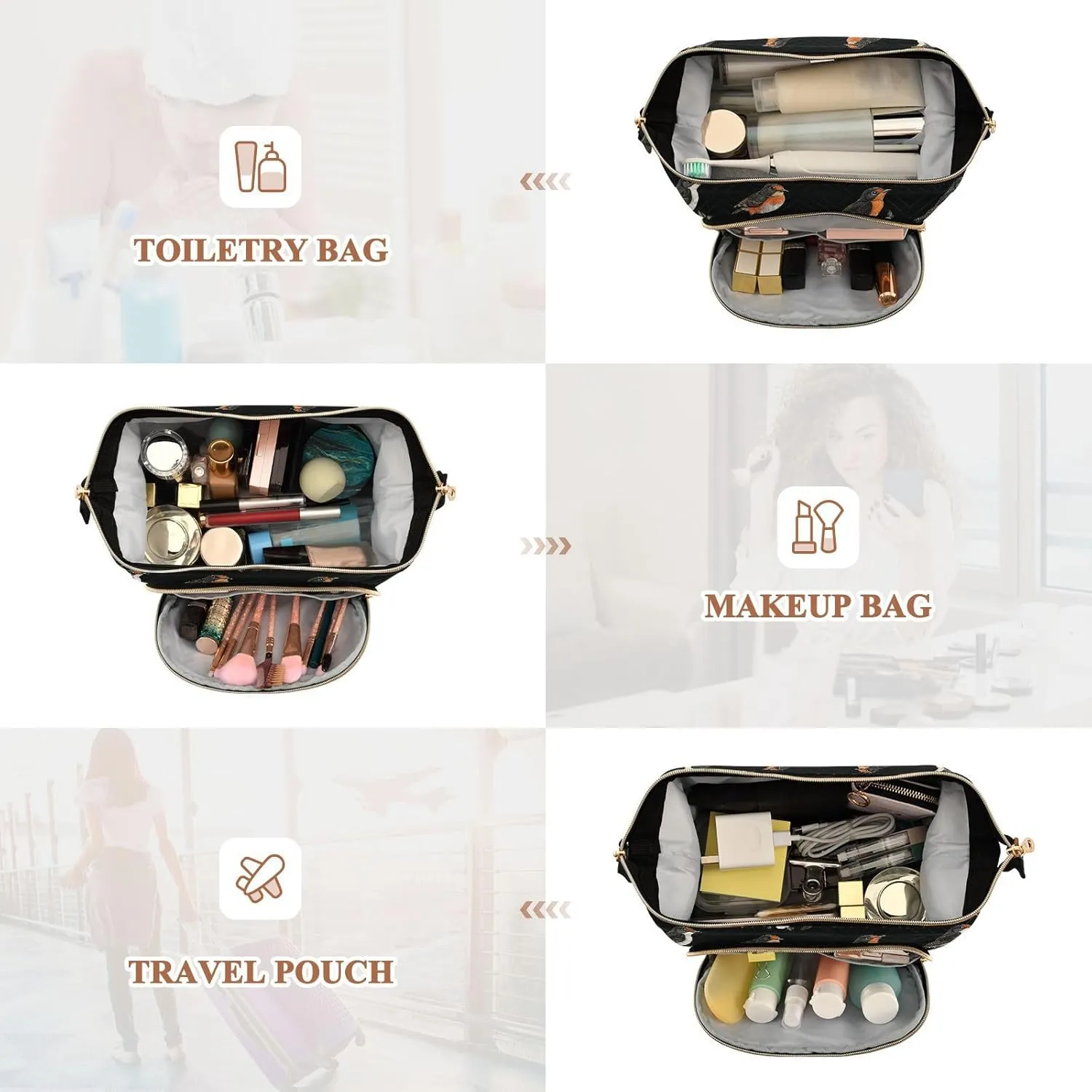 Cute American Robin Birds Black Makeup Bag Essentials Make Up Bags For Women Cosmetic Bags For Purse for Travel Kit