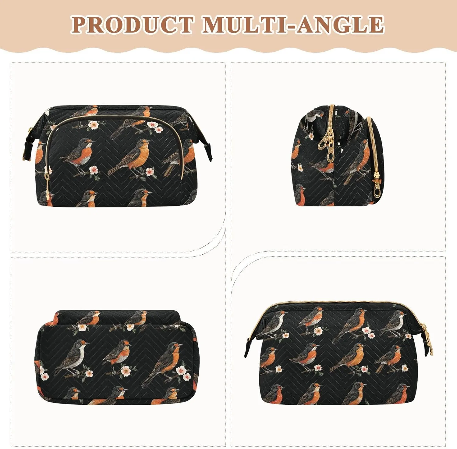 Cute American Robin Birds Black Makeup Bag Essentials Make Up Bags For Women Cosmetic Bags For Purse for Travel Kit