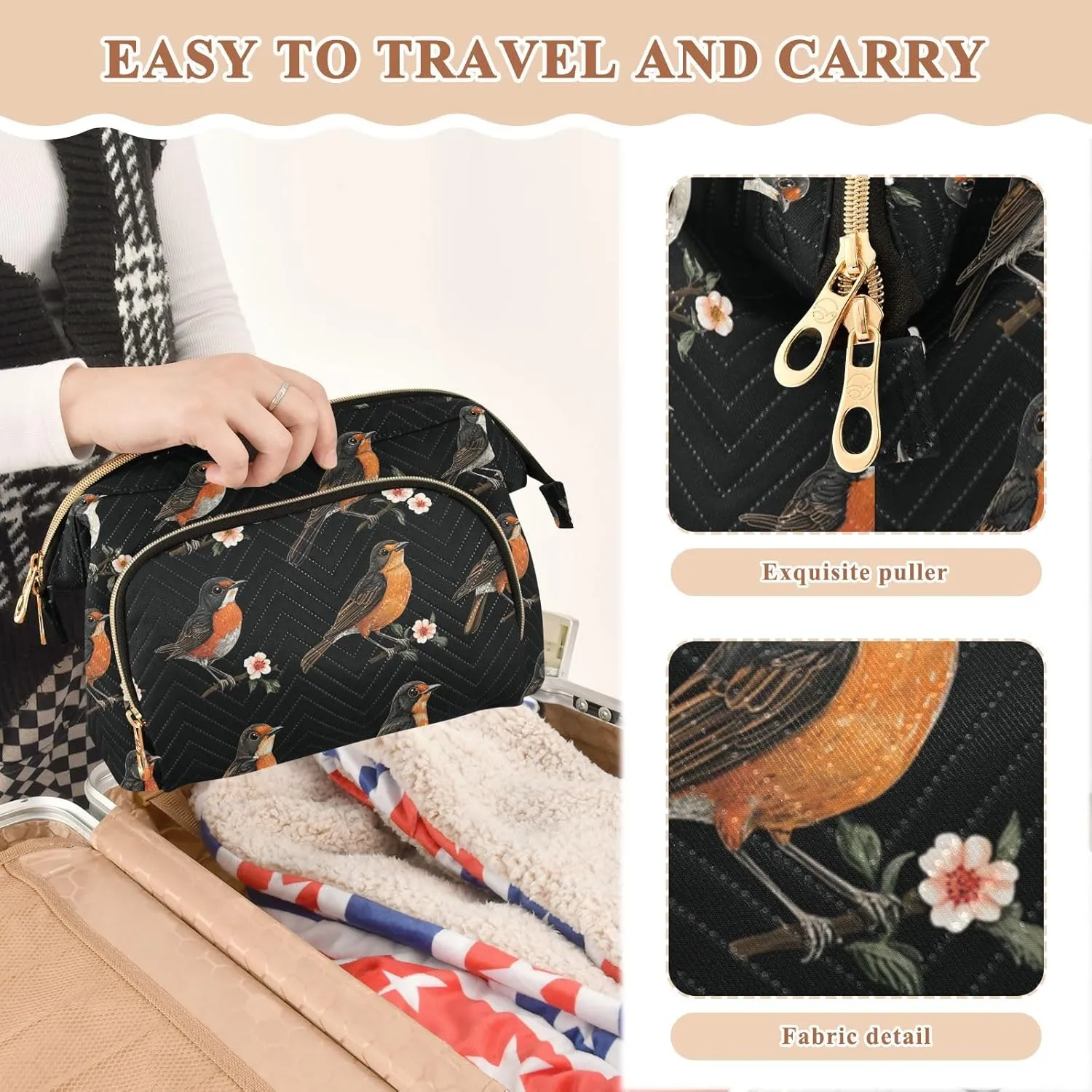 Cute American Robin Birds Black Makeup Bag Essentials Make Up Bags For Women Cosmetic Bags For Purse for Travel Kit