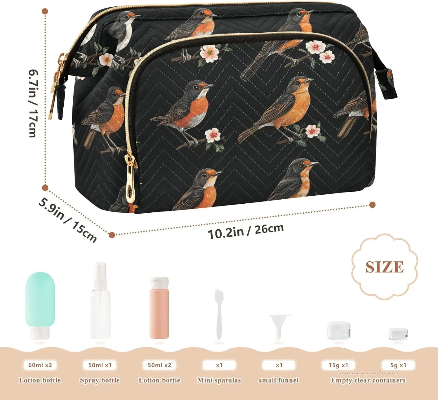 Cute American Robin Birds Black Makeup Bag Essentials Make Up Bags For Women Cosmetic Bags For Purse for Travel Kit