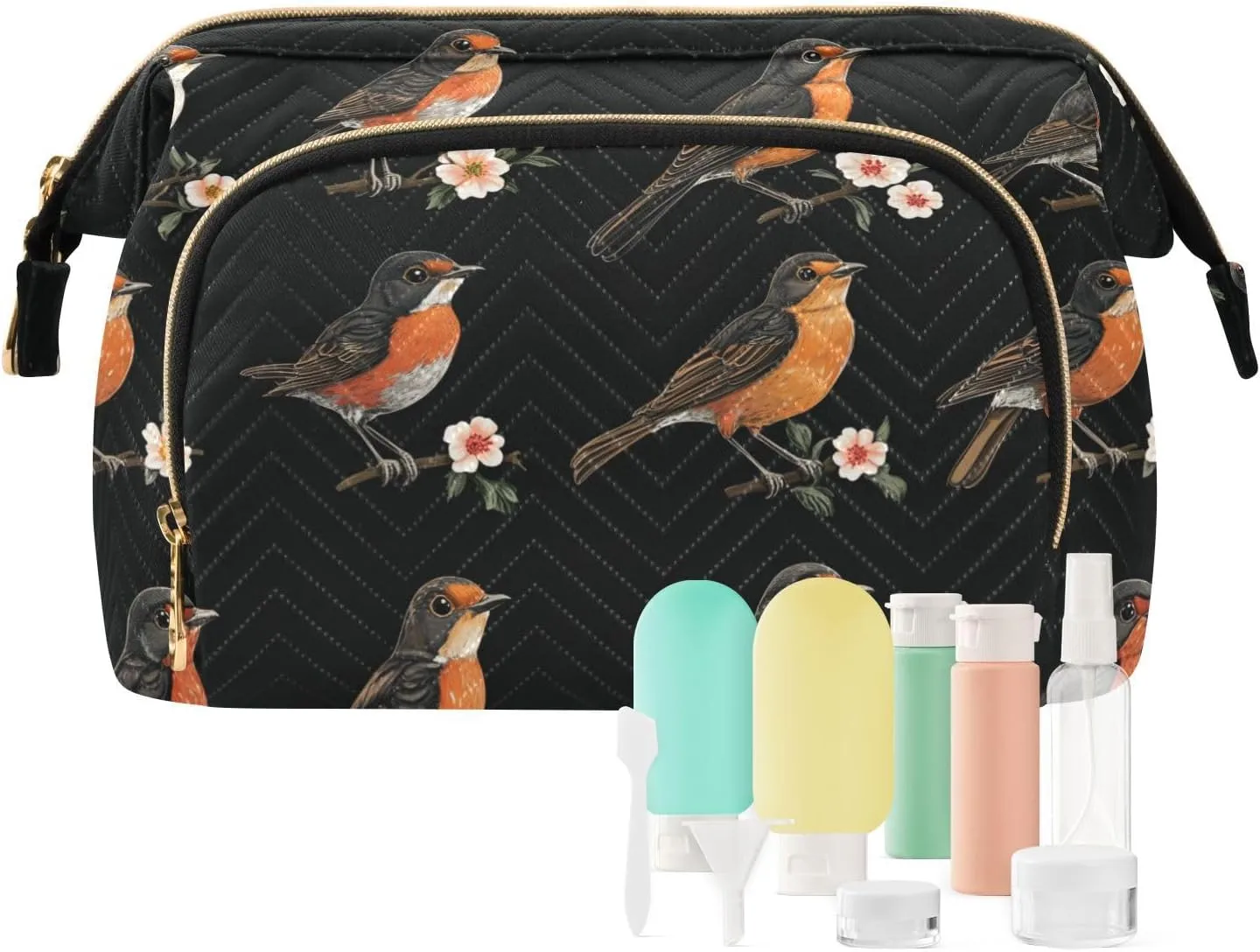 Cute American Robin Birds Black Makeup Bag Essentials Make Up Bags For Women Cosmetic Bags For Purse for Travel Kit