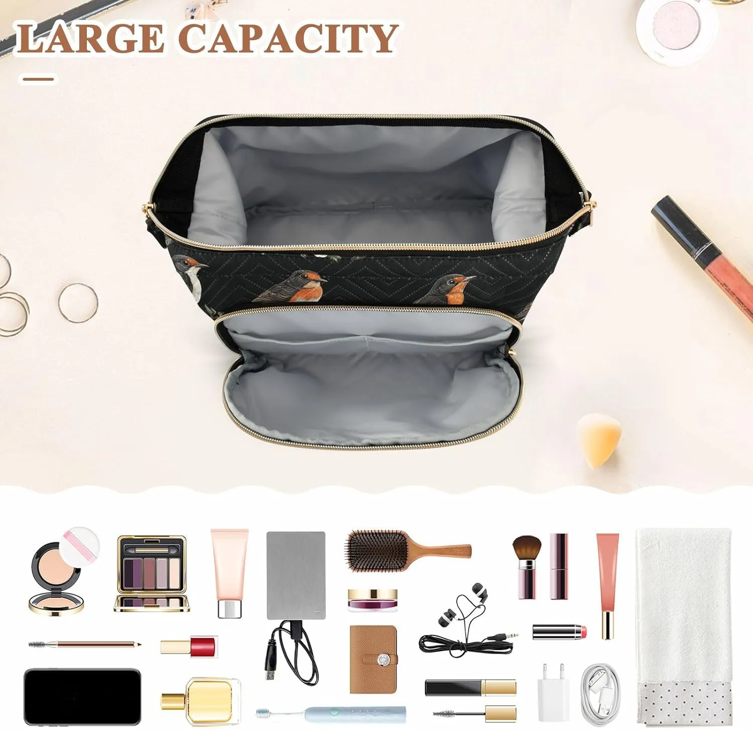 Cute American Robin Birds Black Makeup Bag Essentials Make Up Bags For Women Cosmetic Bags For Purse for Travel Kit