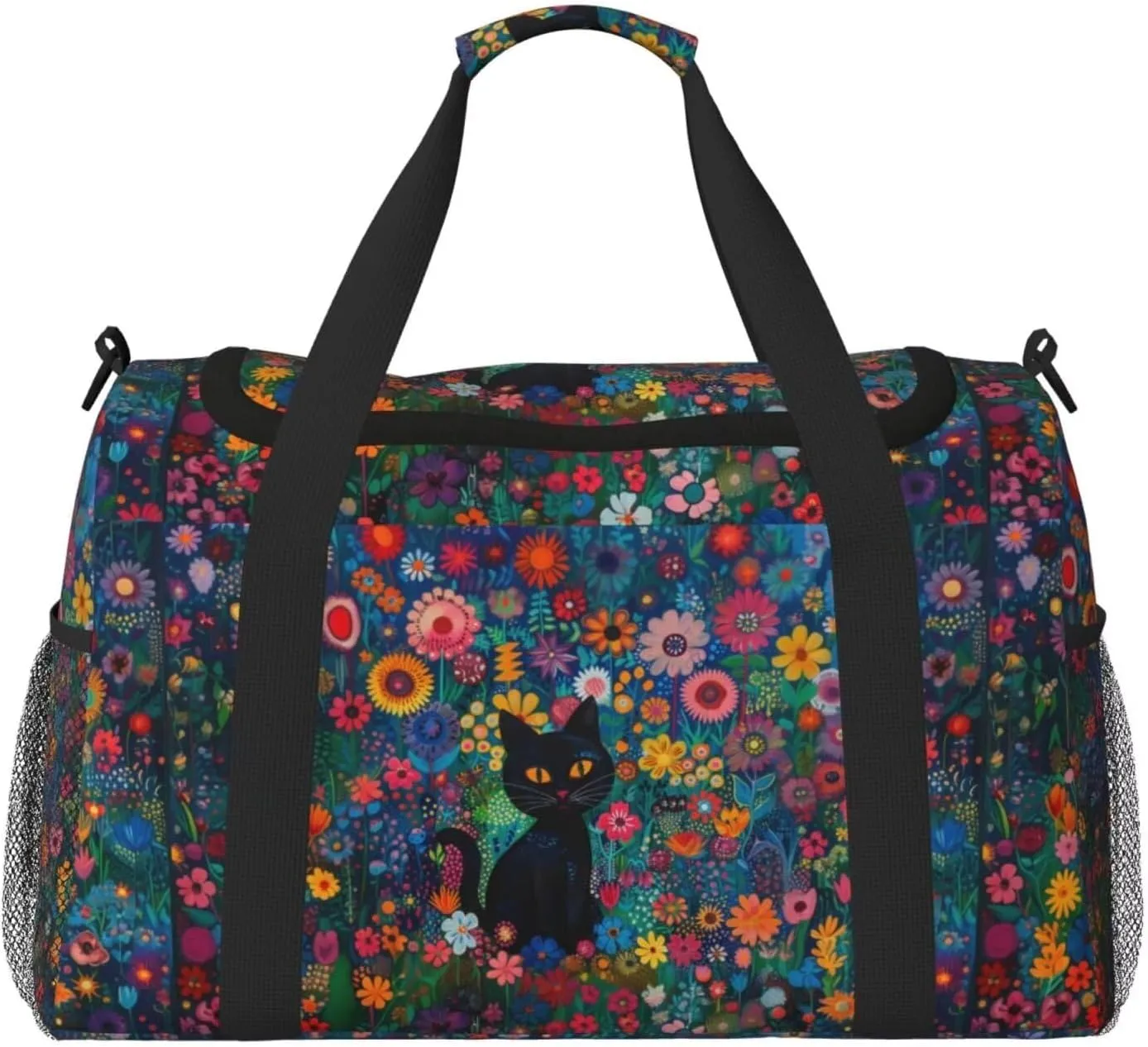 Cute Cat Floral Duffel Bag Boho Flower Cats Hippie Foldable Gym Bag for Men Women Duffle Bag Lightweight Carry On Bag Workout Duffle Sports Bag