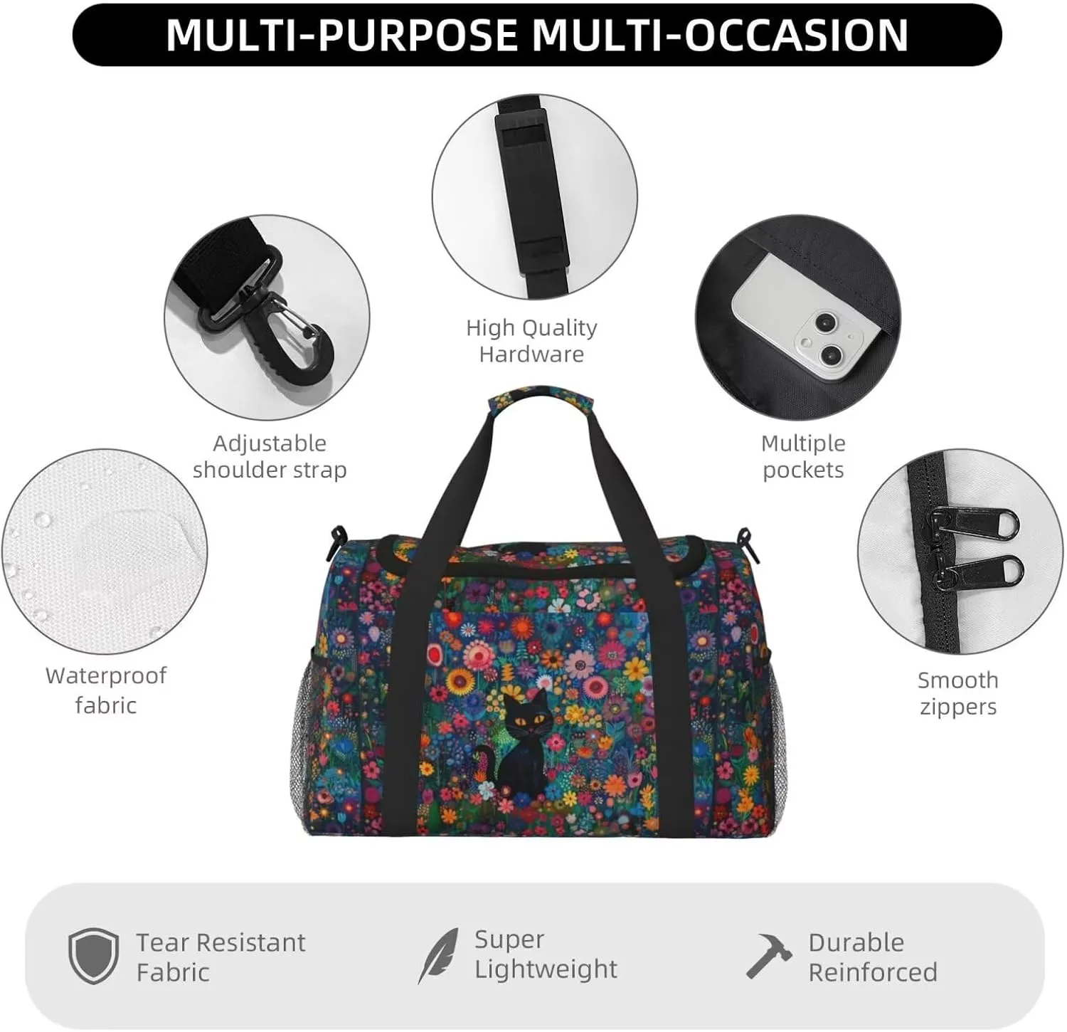 Cute Cat Floral Duffel Bag Boho Flower Cats Hippie Foldable Gym Bag for Men Women Duffle Bag Lightweight Carry On Bag Workout Duffle Sports Bag