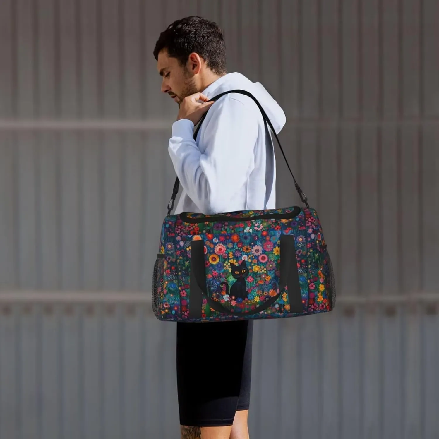 Cute Cat Floral Duffel Bag Boho Flower Cats Hippie Foldable Gym Bag for Men Women Duffle Bag Lightweight Carry On Bag Workout Duffle Sports Bag