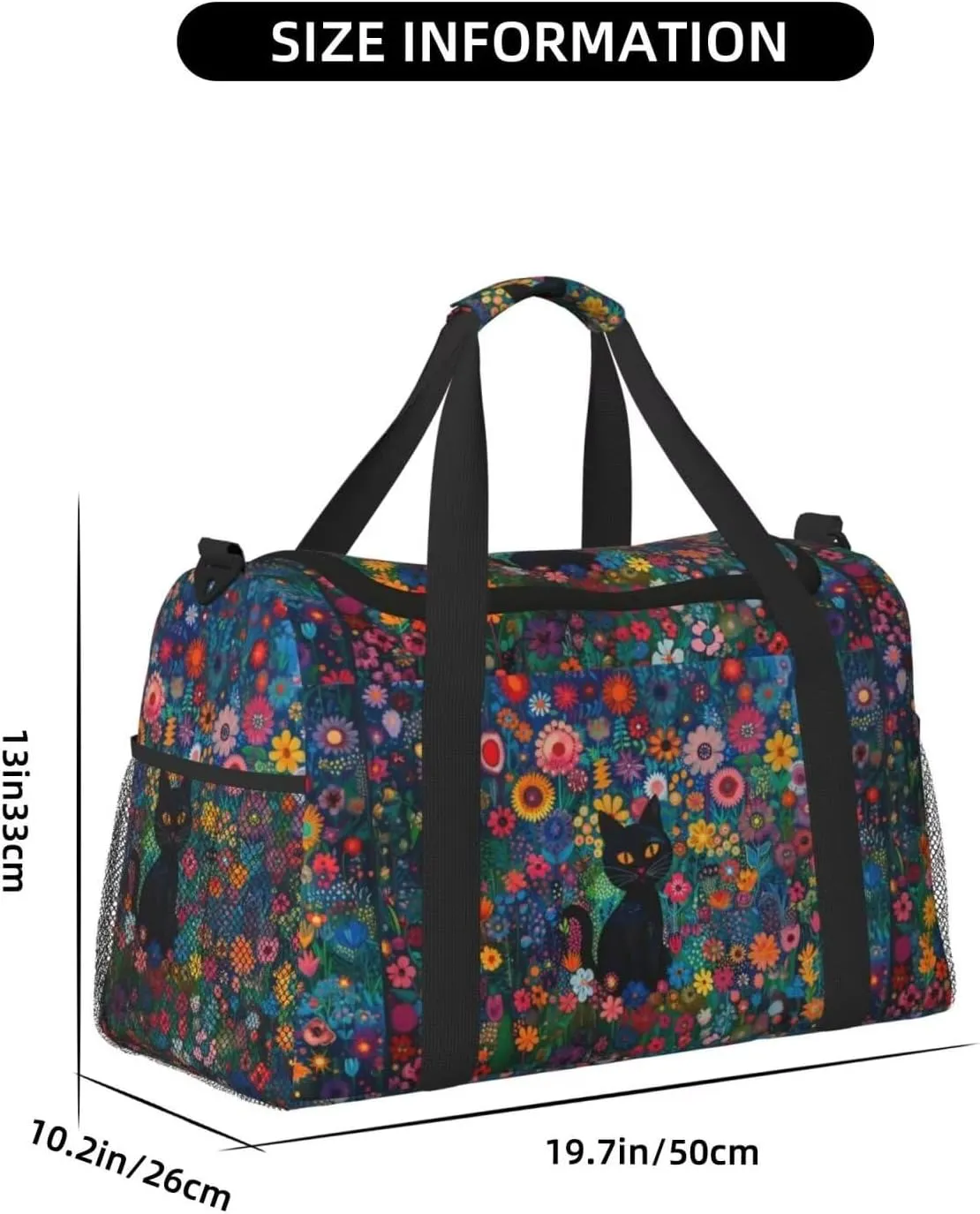 Cute Cat Floral Duffel Bag Boho Flower Cats Hippie Foldable Gym Bag for Men Women Duffle Bag Lightweight Carry On Bag Workout Duffle Sports Bag