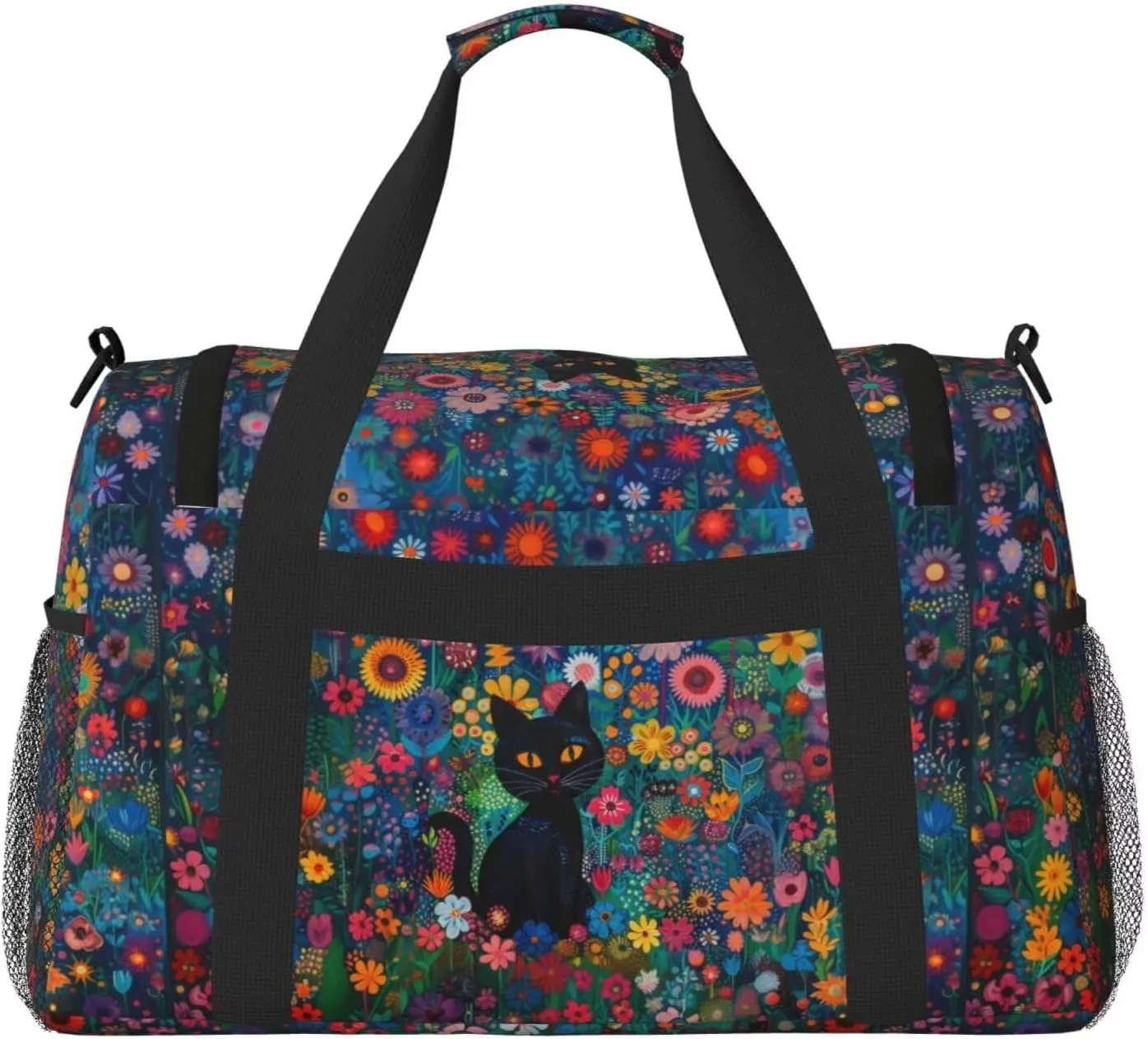 Cute Cat Floral Duffel Bag Boho Flower Cats Hippie Foldable Gym Bag for Men Women Duffle Bag Lightweight Carry On Bag Workout Duffle Sports Bag