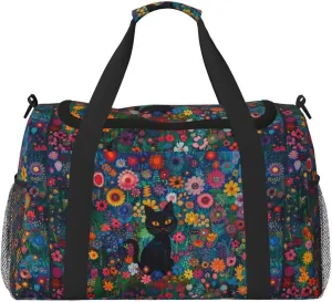 Cute Cat Floral Duffel Bag Boho Flower Cats Hippie Foldable Gym Bag for Men Women Duffle Bag Lightweight Carry On Bag Workout Duffle Sports Bag