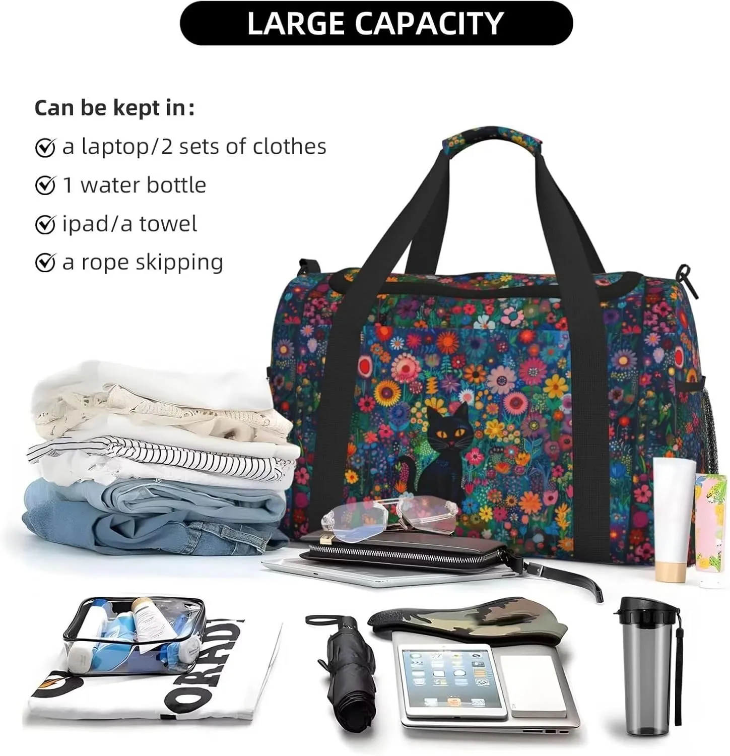 Cute Cat Floral Duffel Bag Boho Flower Cats Hippie Foldable Gym Bag for Men Women Duffle Bag Lightweight Carry On Bag Workout Duffle Sports Bag