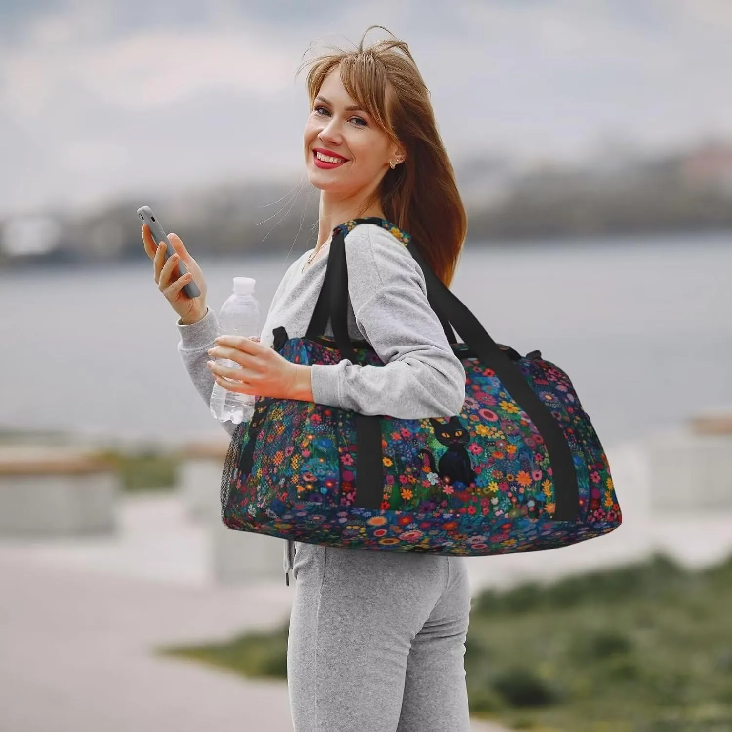 Cute Cat Floral Duffel Bag Boho Flower Cats Hippie Foldable Gym Bag for Men Women Duffle Bag Lightweight Carry On Bag Workout Duffle Sports Bag