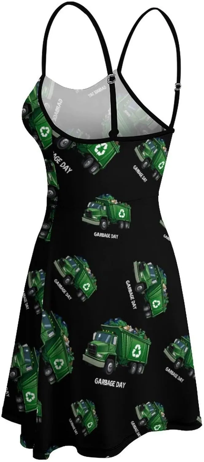 Cute Garbage Day Truck Womens Sling Dress Fashion Spaghetti Strap Mini Dresses Swing Sundress