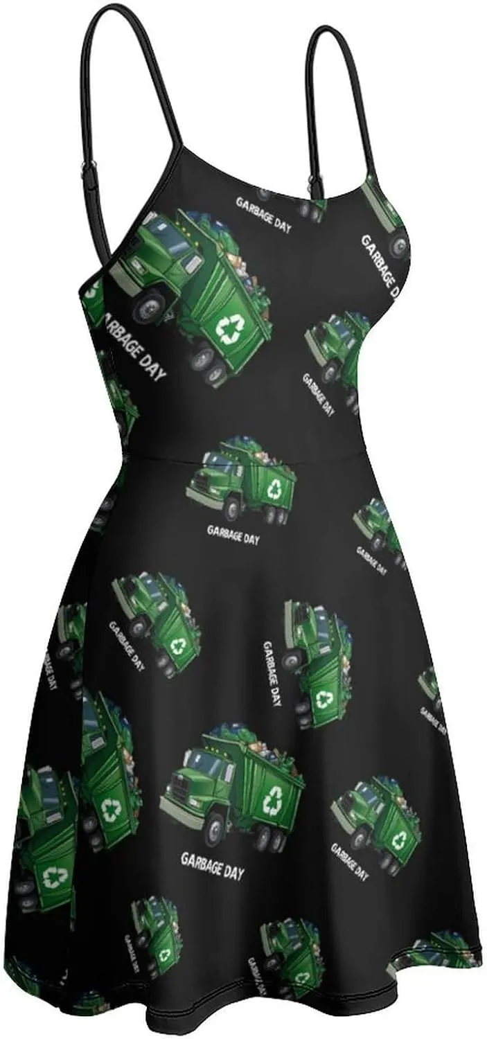Cute Garbage Day Truck Womens Sling Dress Fashion Spaghetti Strap Mini Dresses Swing Sundress