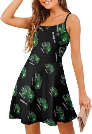 Cute Garbage Day Truck Womens Sling Dress Fashion Spaghetti Strap Mini Dresses Swing Sundress