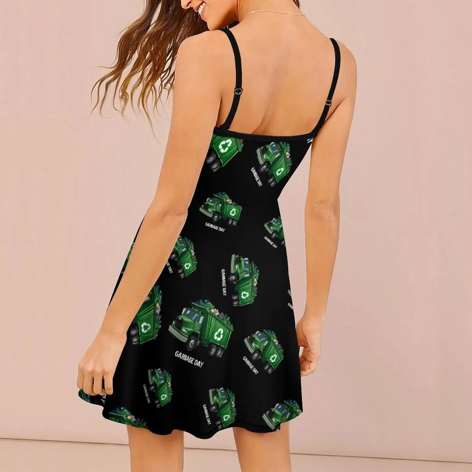 Cute Garbage Day Truck Womens Sling Dress Fashion Spaghetti Strap Mini Dresses Swing Sundress