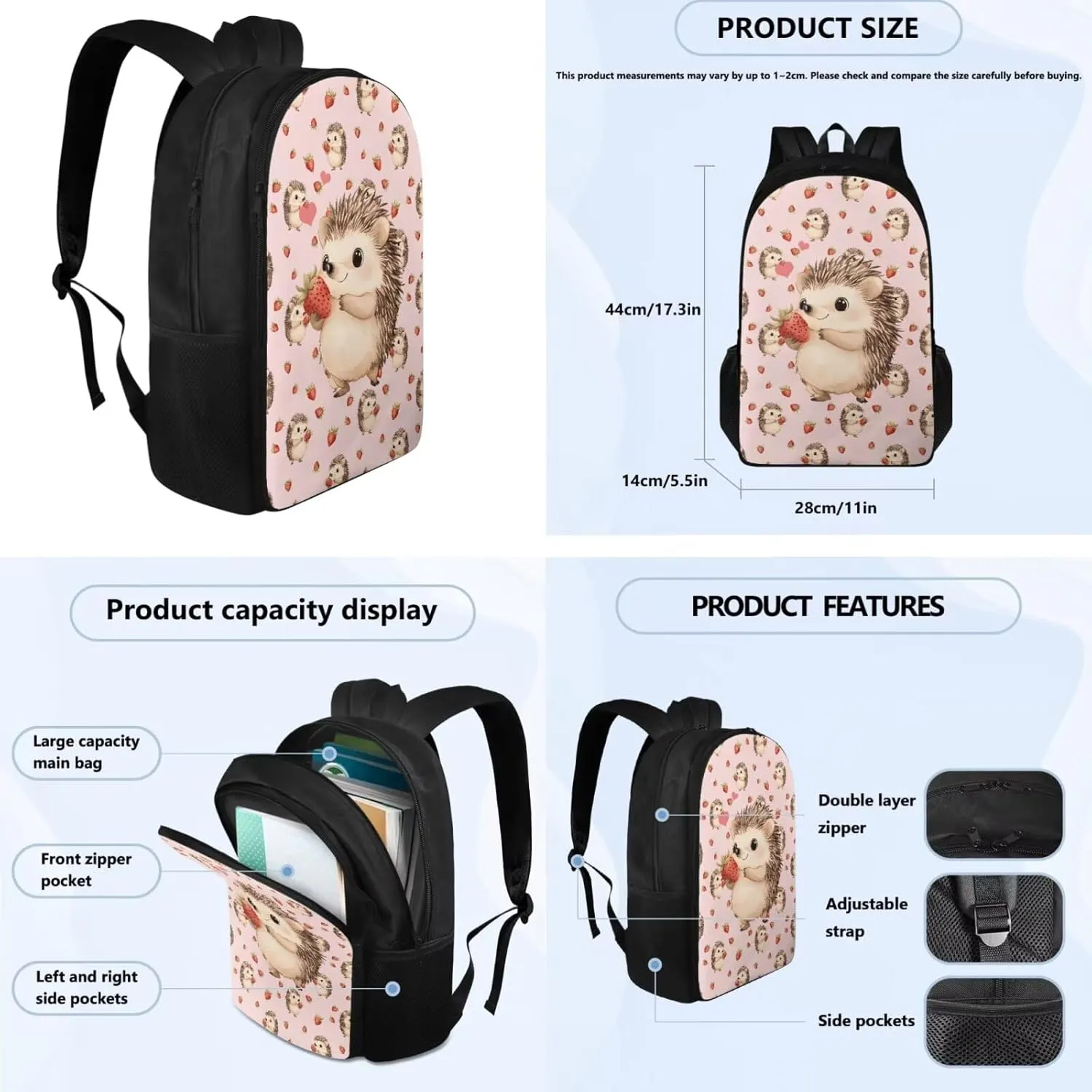 Cute Hedgehog Girls Backpack with Lunch Box Set Boys Bookbag with Lunchbox and Water Bottle Pocket Pencil Case 4 in 1 Kids School Bag Set 6th Grade Book Bag Teens