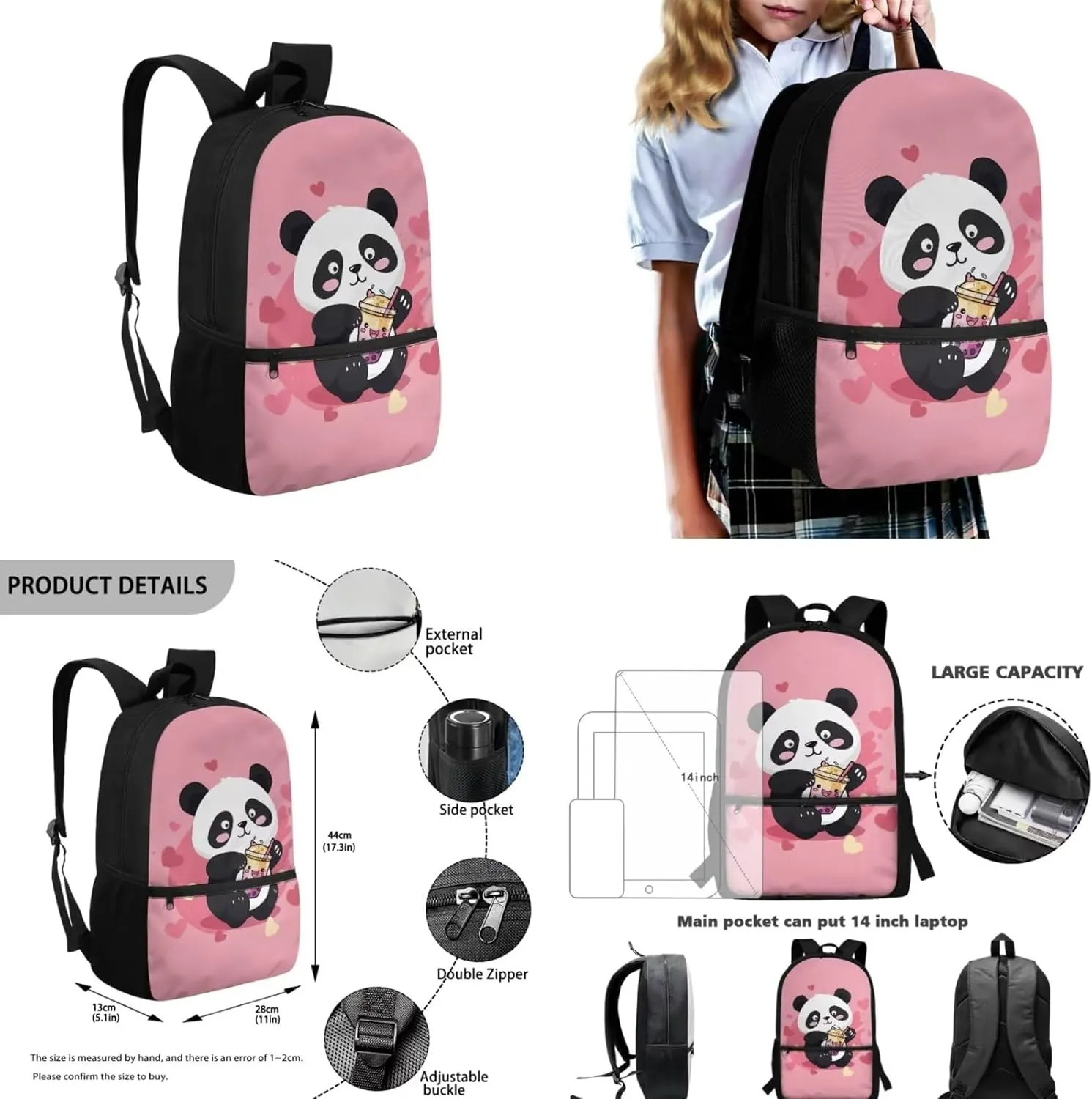 Cute Panda Backpacks for Teen Girls Middle School Lightweight School Messenger Bag for Teens Keep Warm Lunch Bag with Pencil Case and Water Cup Protector for Travel Picnic