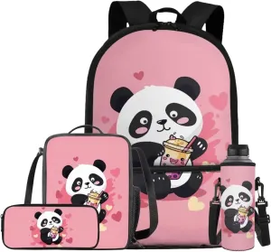 Cute Panda Backpacks for Teen Girls Middle School Lightweight School Messenger Bag for Teens Keep Warm Lunch Bag with Pencil Case and Water Cup Protector for Travel Picnic