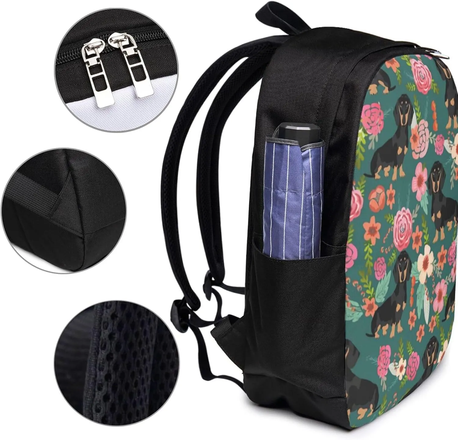 Dachshunds Florals Dog Backpack, 17 Inch Travel Business Laptop Backpack With USB Port for Women Men