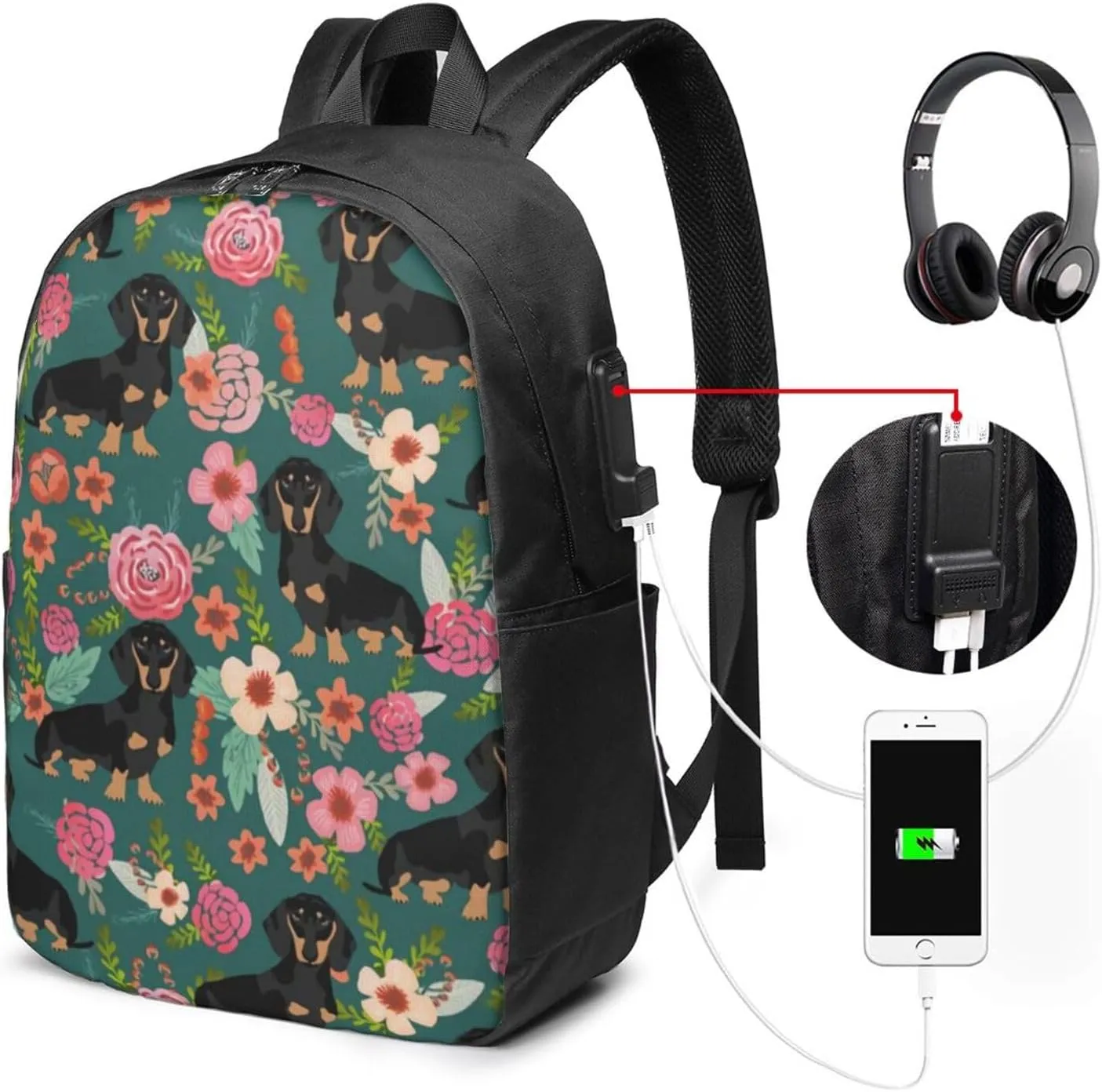 Dachshunds Florals Dog Backpack, 17 Inch Travel Business Laptop Backpack With USB Port for Women Men