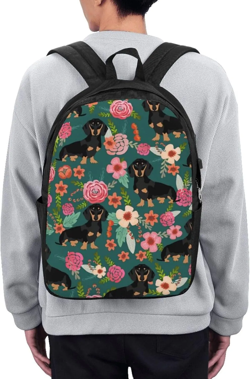 Dachshunds Florals Dog Backpack, 17 Inch Travel Business Laptop Backpack With USB Port for Women Men