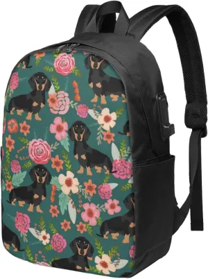 Dachshunds Florals Dog Backpack, 17 Inch Travel Business Laptop Backpack With USB Port for Women Men