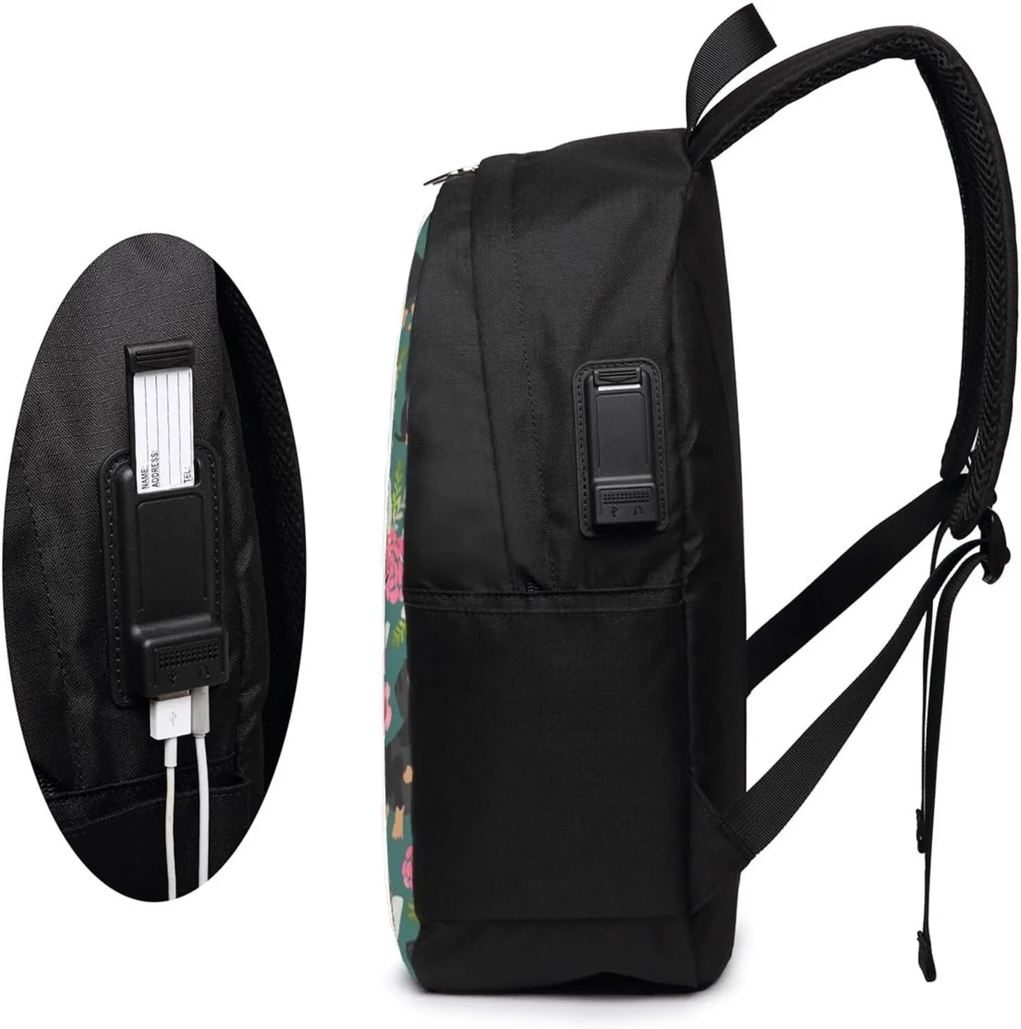 Dachshunds Florals Dog Backpack, 17 Inch Travel Business Laptop Backpack With USB Port for Women Men
