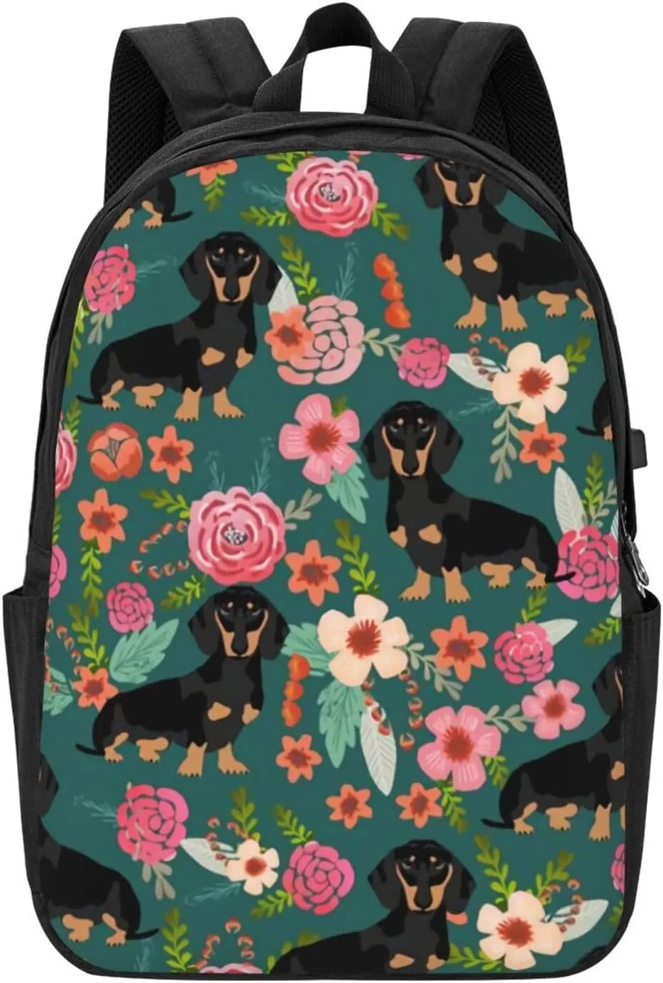 Dachshunds Florals Dog Backpack, 17 Inch Travel Business Laptop Backpack With USB Port for Women Men