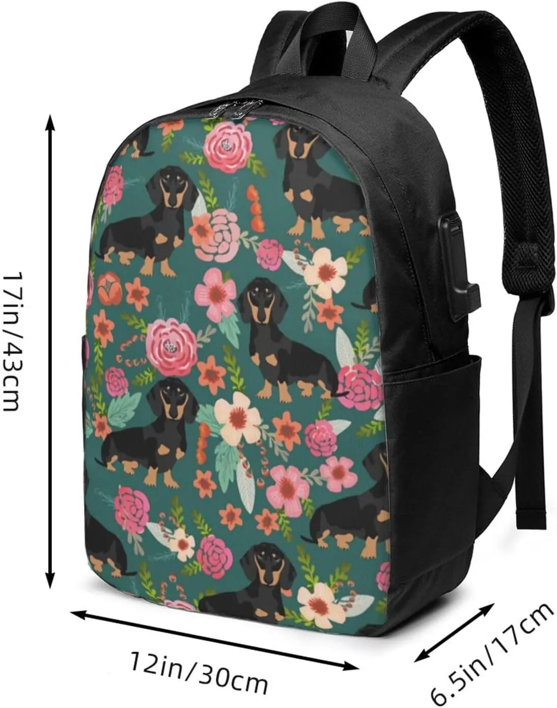 Dachshunds Florals Dog Backpack, 17 Inch Travel Business Laptop Backpack With USB Port for Women Men