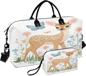 Deer Fawn in Meadow Travel Duffel Bags Carry on Weekender Overnight Bag Large for Airplane with Toiletry Bag for Men Women