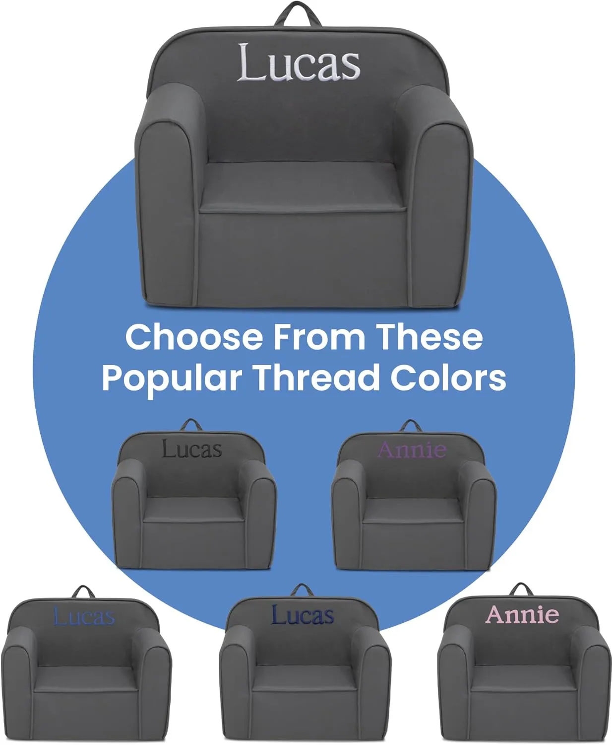 Delta Children Cozee Chair for Kids - 1 Seater Foam Toddler Couch can be Personalized with Name, Has Removable Cover for Easy Machine Washing (25x18x20.5 Inches, Dark Grey)