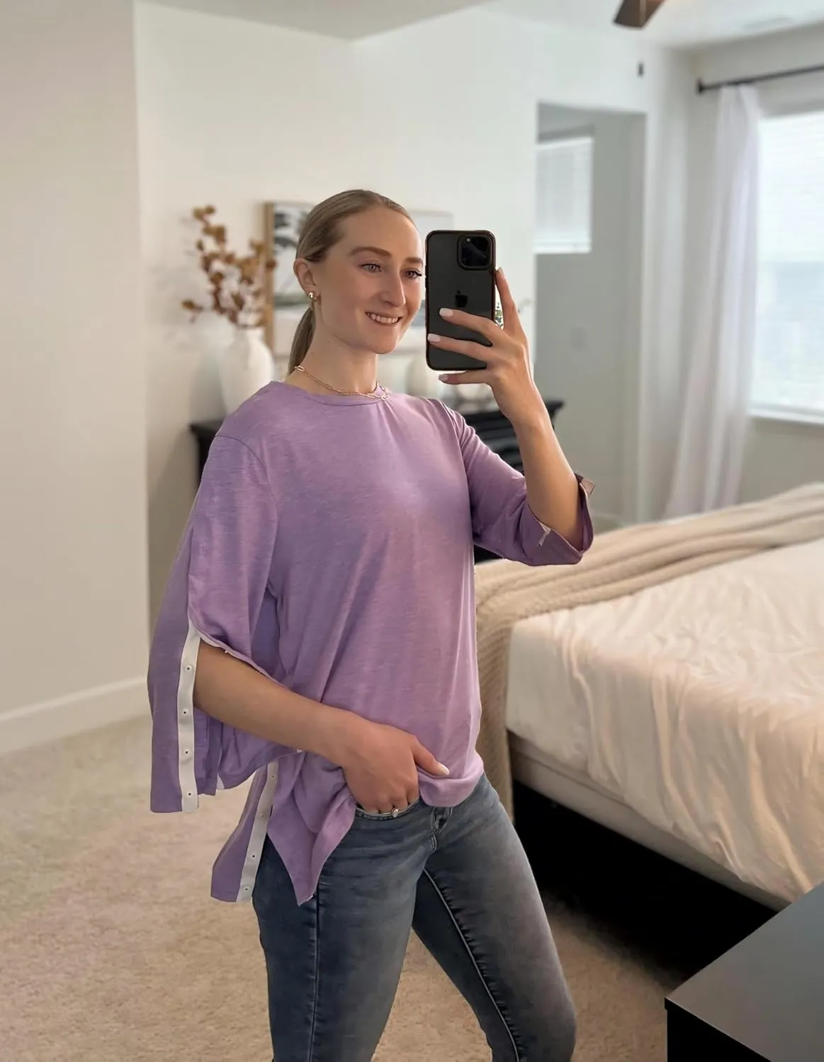 Deyeek Post Shoulder Surgery Shirts for Women Tear Away 3/4 Tops After Rotator Cuff Shirts Chemo Port Adaptive Clothing