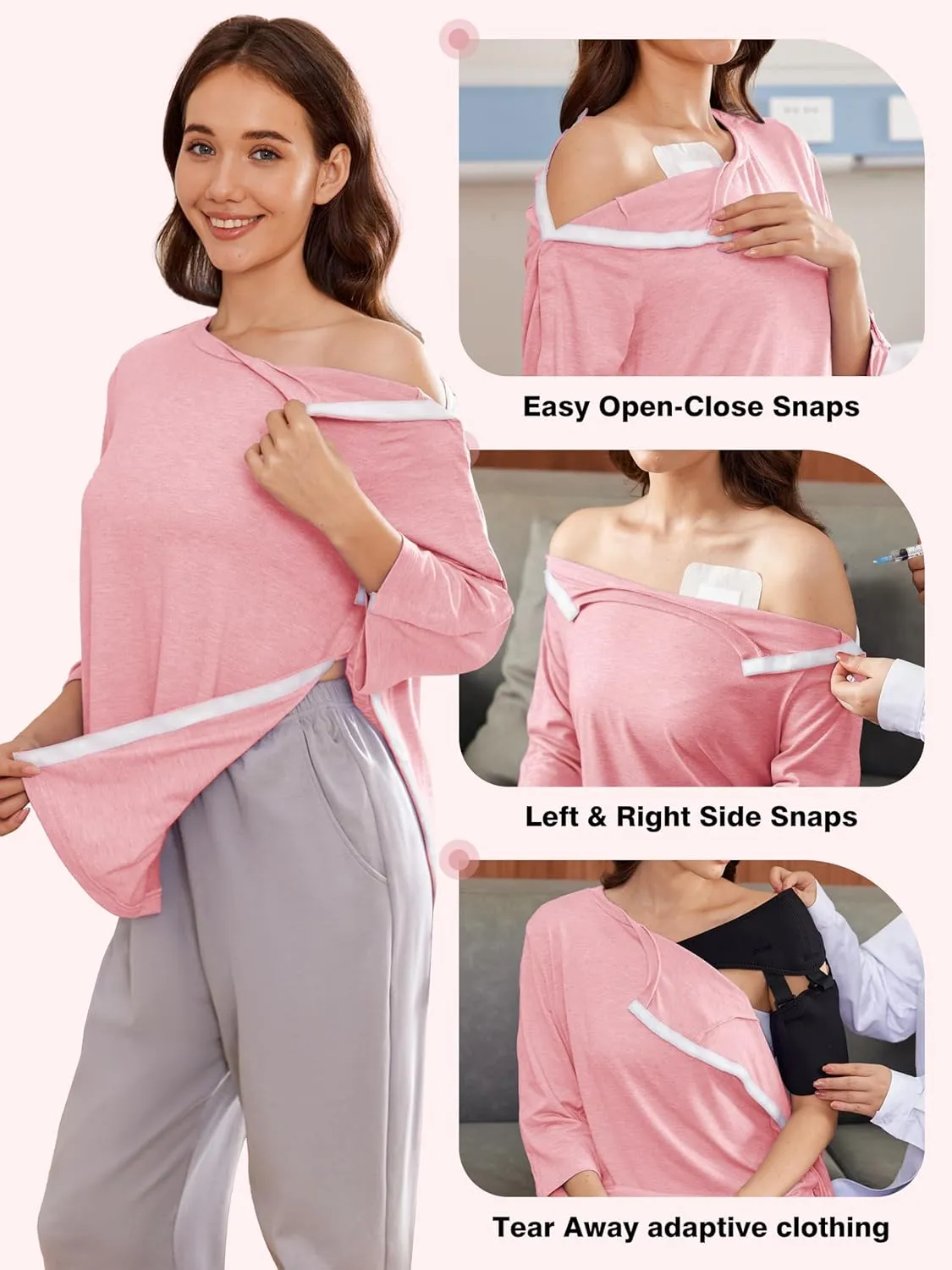 Deyeek Post Shoulder Surgery Shirts for Women Tear Away 3/4 Tops After Rotator Cuff Shirts Chemo Port Adaptive Clothing