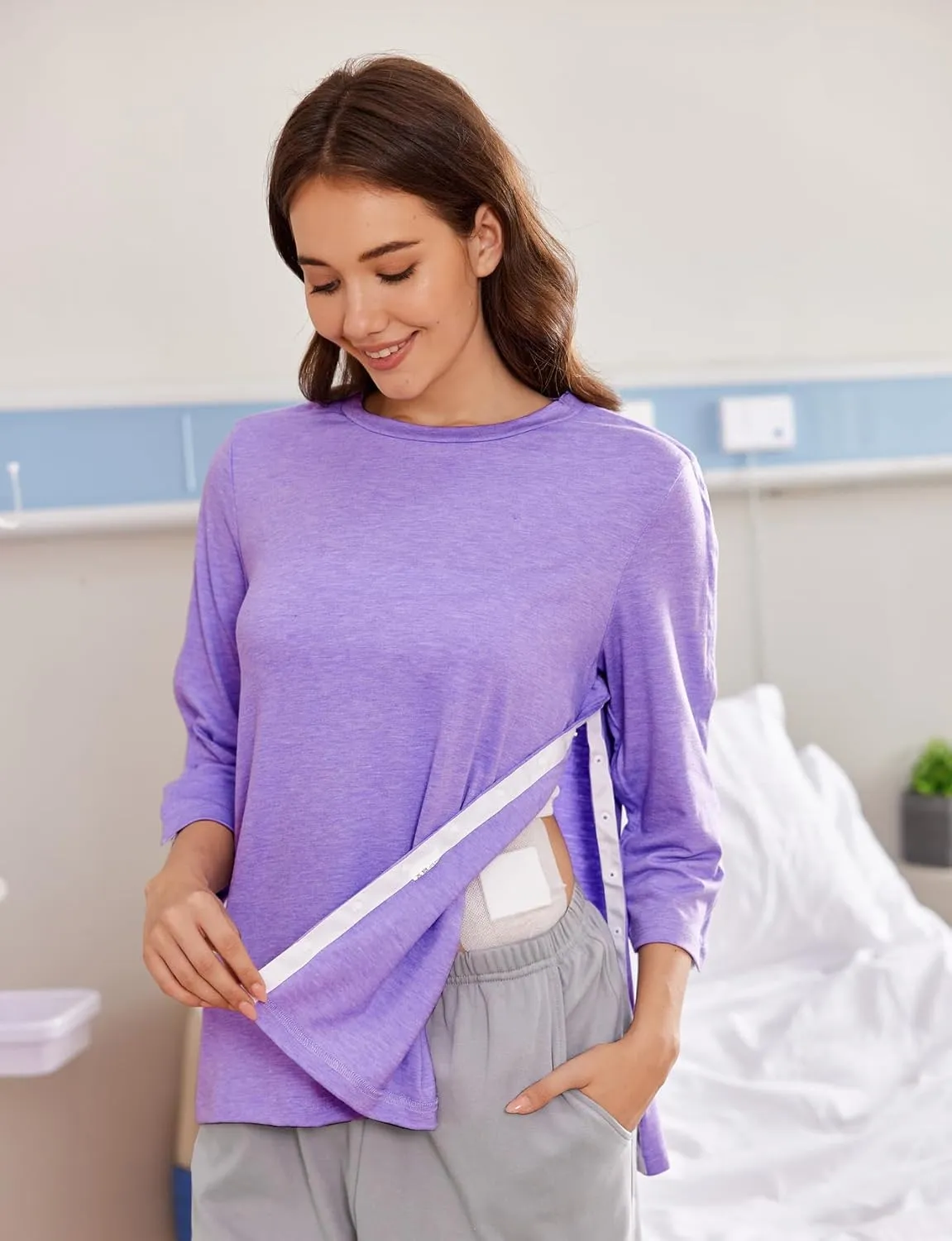 Deyeek Post Shoulder Surgery Shirts for Women Tear Away 3/4 Tops After Rotator Cuff Shirts Chemo Port Adaptive Clothing