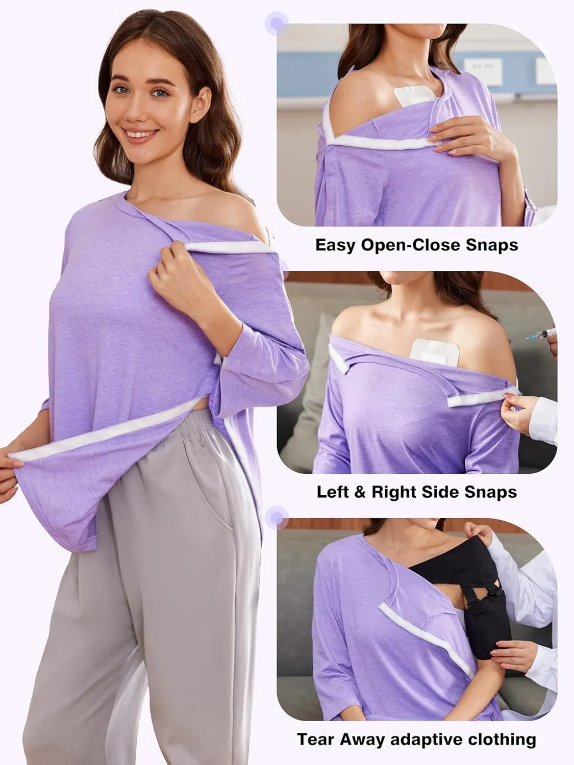 Deyeek Post Shoulder Surgery Shirts for Women Tear Away 3/4 Tops After Rotator Cuff Shirts Chemo Port Adaptive Clothing