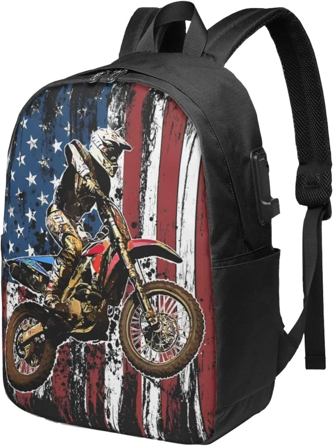 Dirt Bike Racing Motocross Race American Flag Backpack 17 Inch Laptop Backpacks Outdoor Travel Rucksack Work Business Daypack with USB Port Carry On Bag for Cycling Hiking