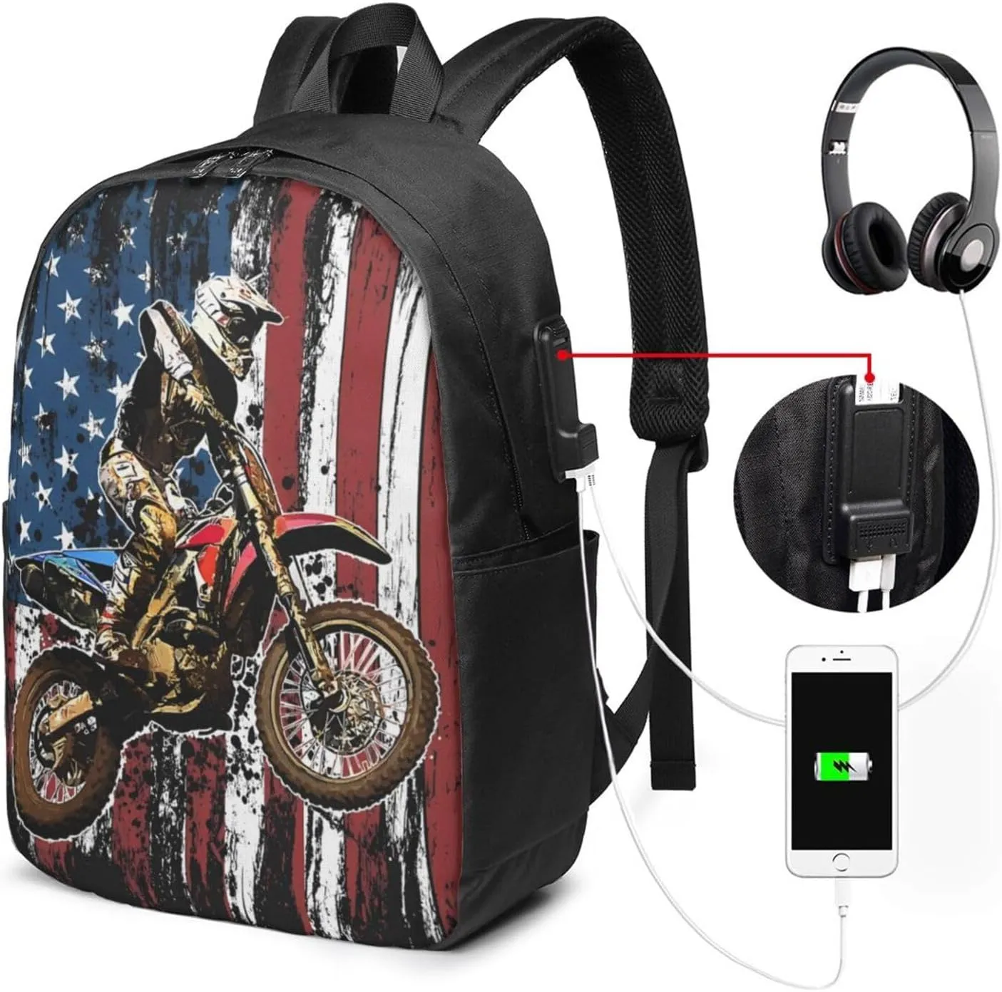 Dirt Bike Racing Motocross Race American Flag Backpack 17 Inch Laptop Backpacks Outdoor Travel Rucksack Work Business Daypack with USB Port Carry On Bag for Cycling Hiking