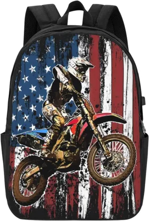 Dirt Bike Racing Motocross Race American Flag Backpack 17 Inch Laptop Backpacks Outdoor Travel Rucksack Work Business Daypack with USB Port Carry On Bag for Cycling Hiking