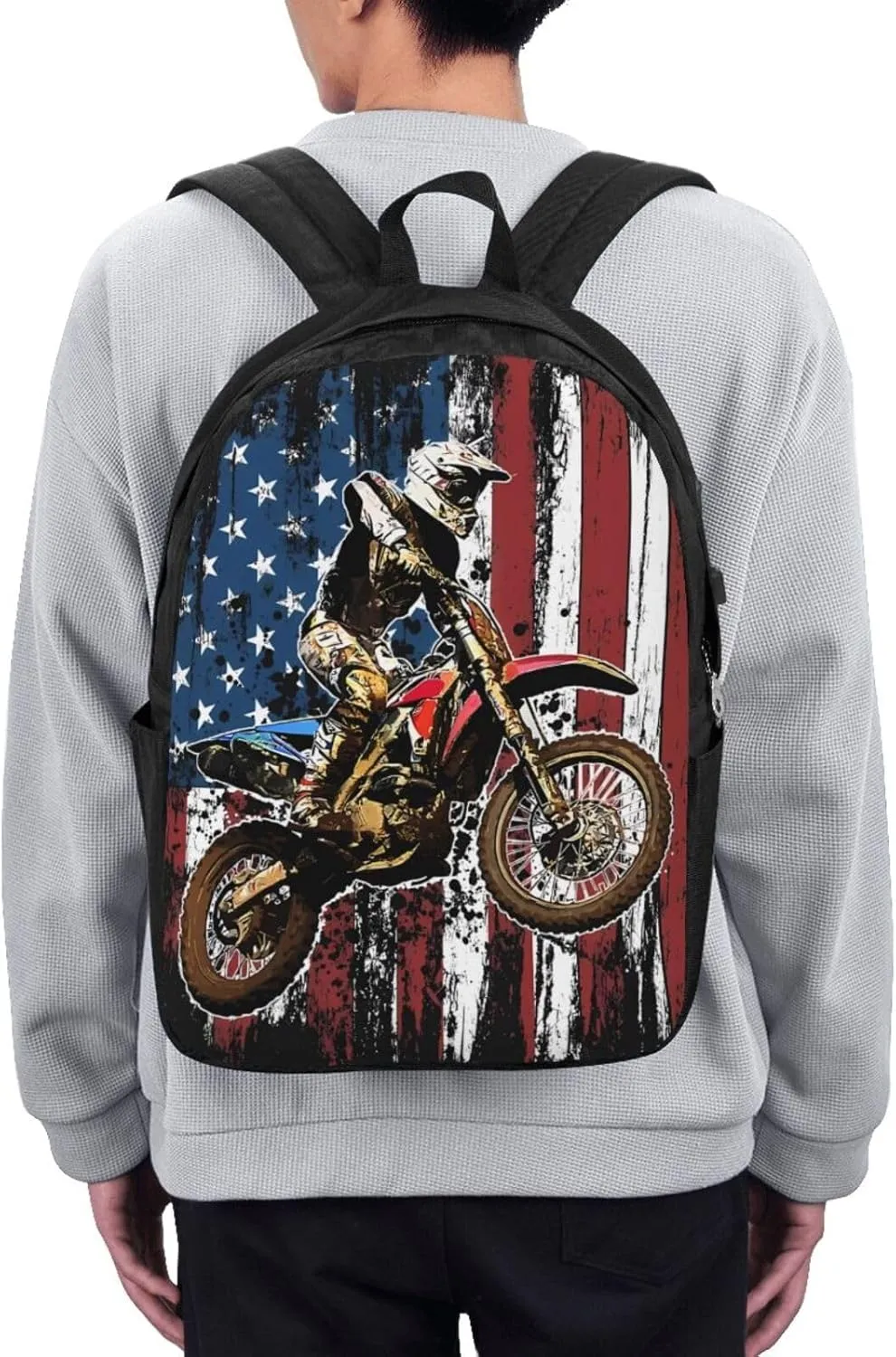 Dirt Bike Racing Motocross Race American Flag Backpack 17 Inch Laptop Backpacks Outdoor Travel Rucksack Work Business Daypack with USB Port Carry On Bag for Cycling Hiking