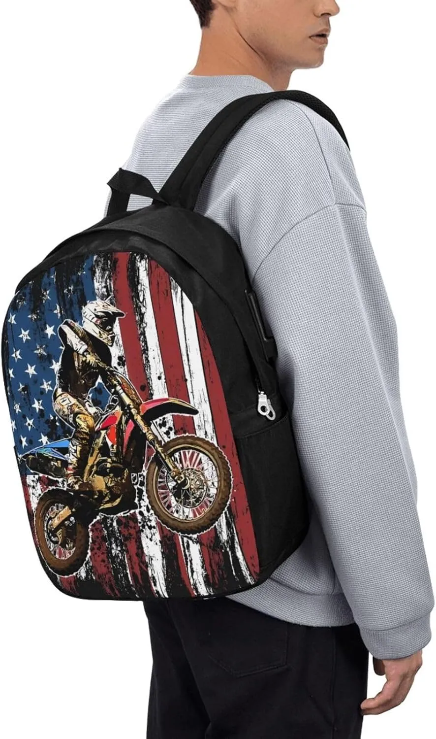 Dirt Bike Racing Motocross Race American Flag Backpack 17 Inch Laptop Backpacks Outdoor Travel Rucksack Work Business Daypack with USB Port Carry On Bag for Cycling Hiking