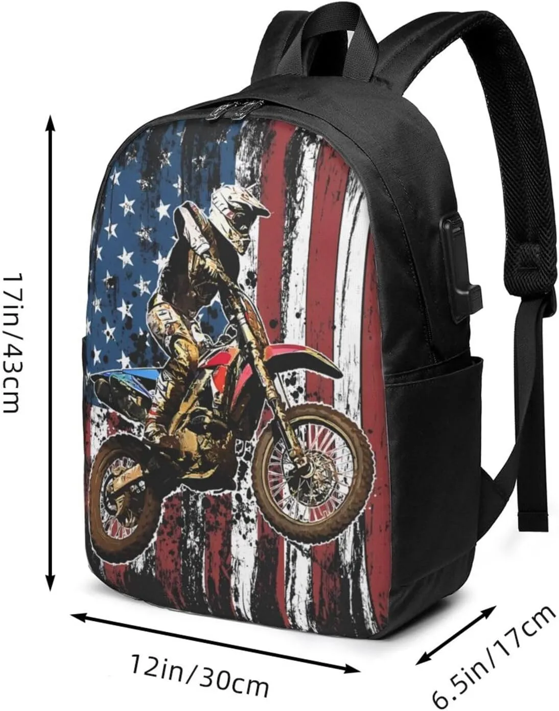 Dirt Bike Racing Motocross Race American Flag Backpack 17 Inch Laptop Backpacks Outdoor Travel Rucksack Work Business Daypack with USB Port Carry On Bag for Cycling Hiking