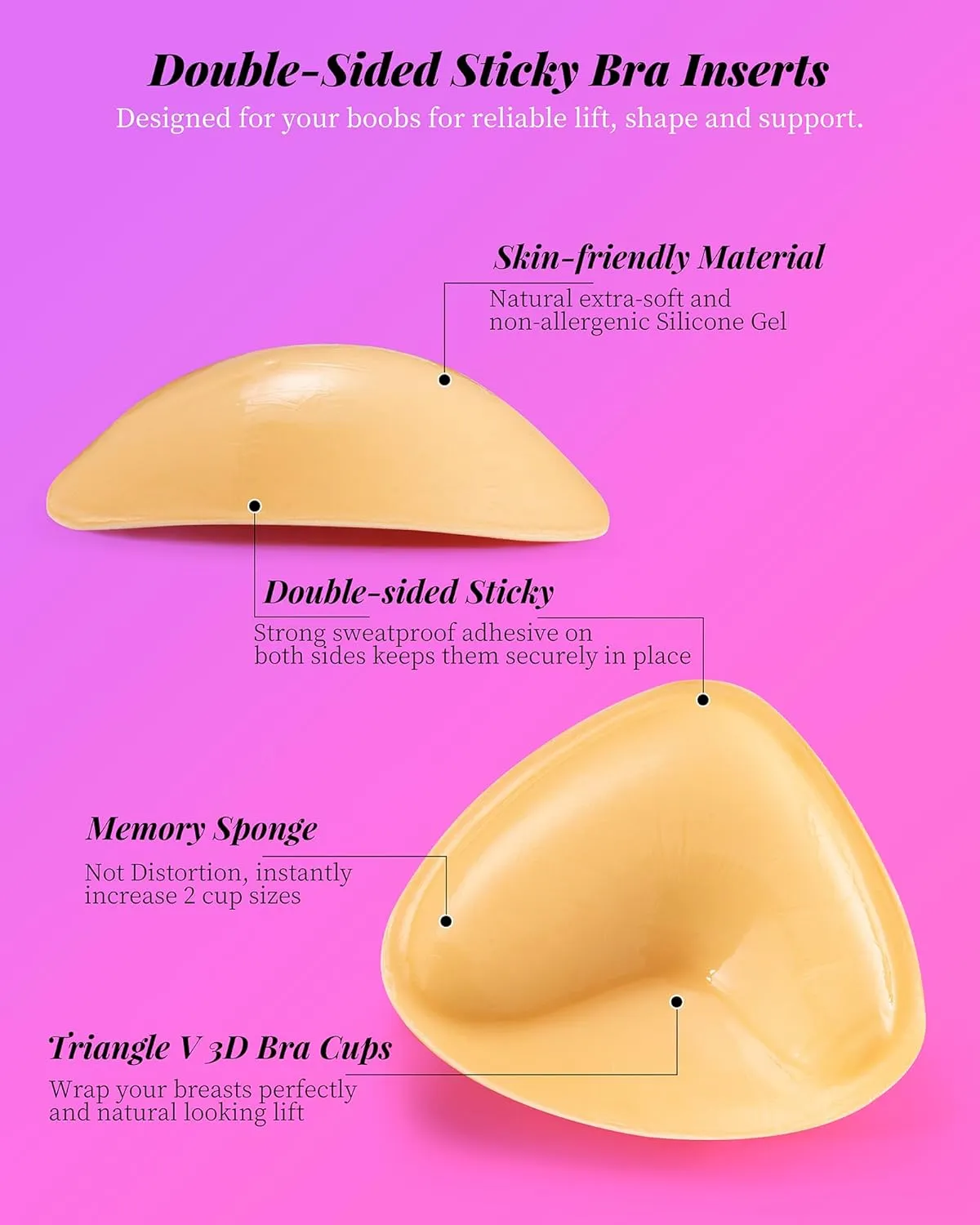 Double Sided Sticky Bra Push Up - Adhesive Bra Inserts Padded Reusable Bikini Boob Lift for Strapless Swimsuit Sport Bra