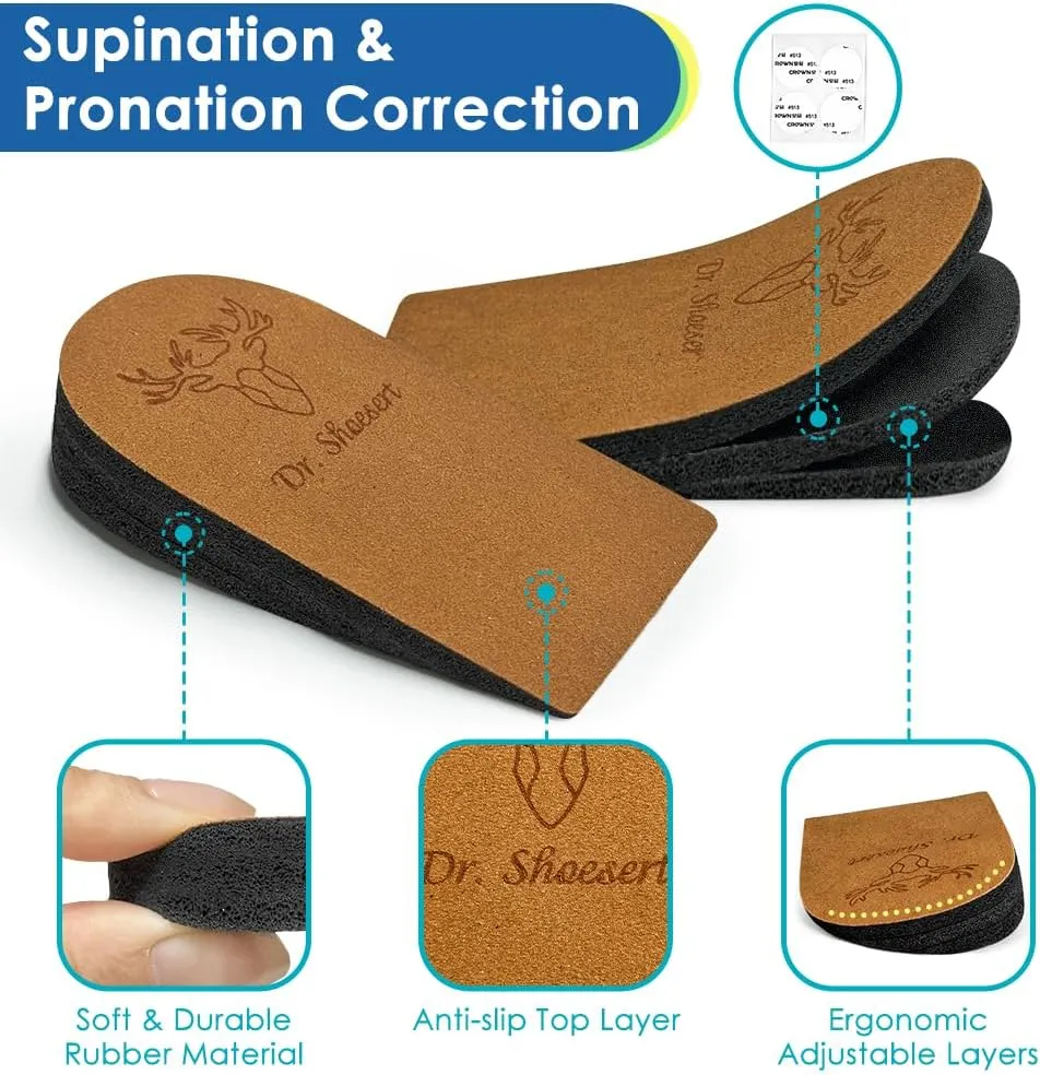 Dr. Shoesert 3 Layers Adjustable Orthopedic Heel Wedge Inserts, Supination & Pronation Correction Insoles for Bow Legs, Knee Pain, Foot Alignment (Brown, Small - Women's 4.5-8|Men's 6-8.5)